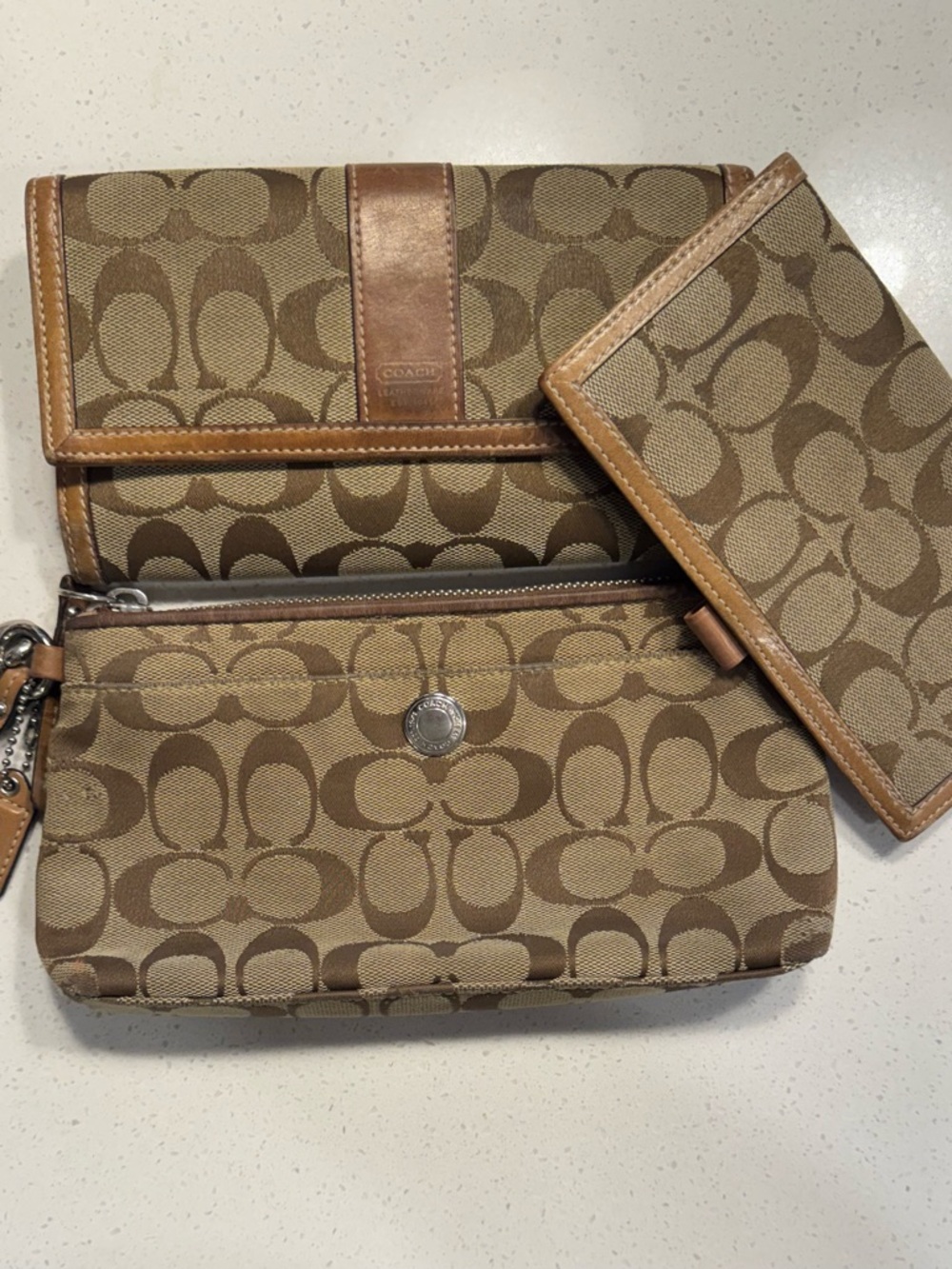 Coach Brown Khaki Signature Canvas Wallet with Silver Tone Snap
